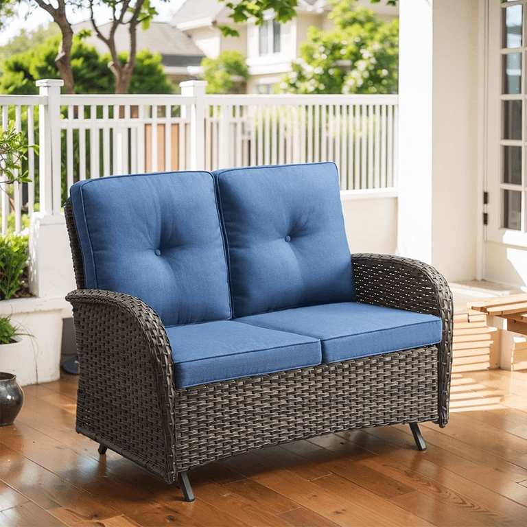 PARKWELL Rattan Gliding Loveseat - Outdoor Patio 2 Seater Sofa with  Cushions - Sturdy Frame - Blue -
