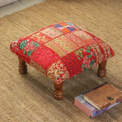 Patchwork Fabric Footstool: Sequin Embellishment & Turned Legs