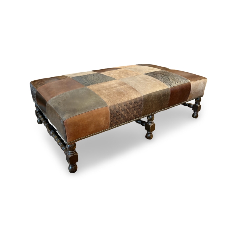 Patchwork Leather Ottoman Bench: Quilted Accents & Spindle Legs
