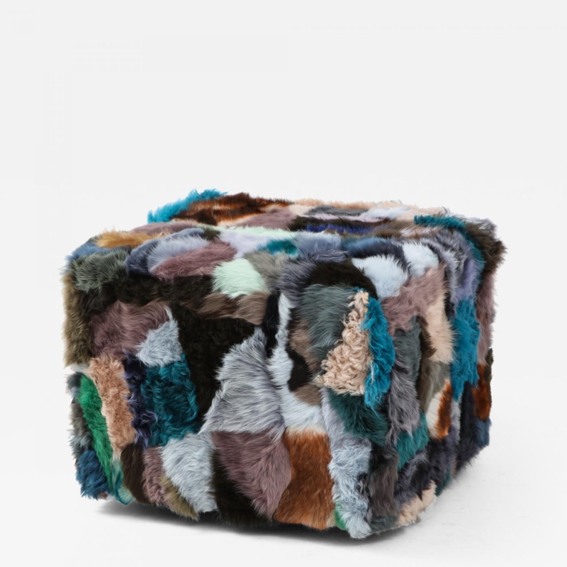 Patchwork Sheepskin Ottoman Cube: Multi-Color Shaggy Fur Texture