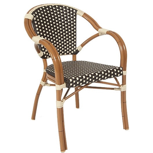 Patio Arm Chair Checkered Wicker Pattern Walnut Finish French Bistro