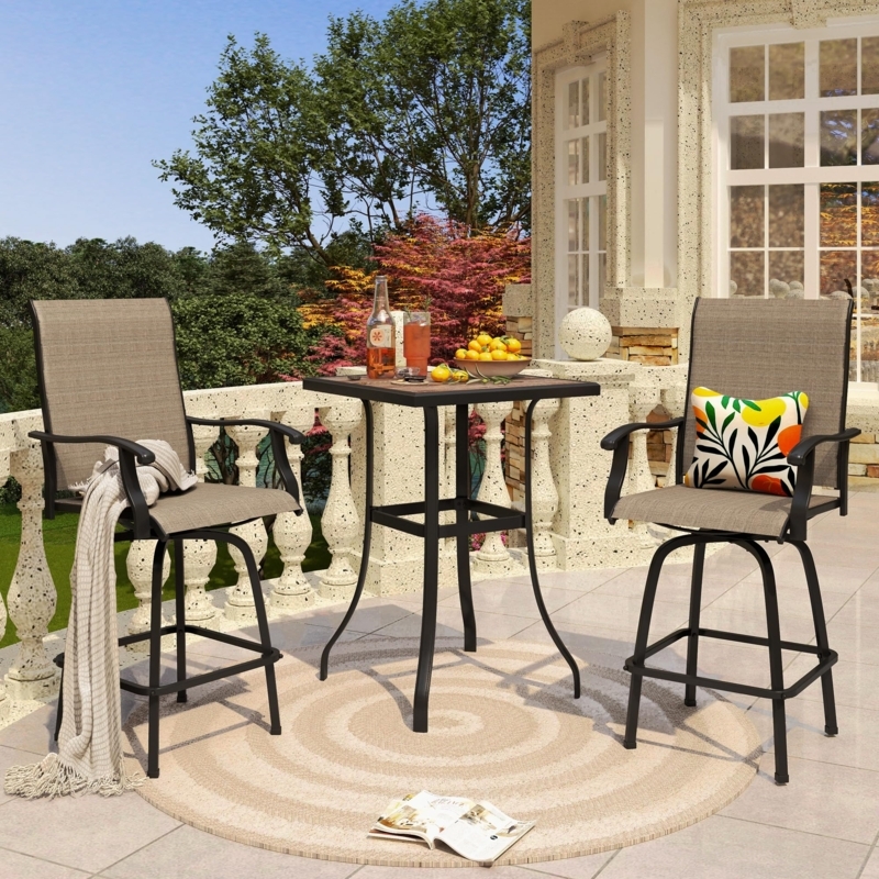 Patio Bar Set Textilene Mesh Swivel Stools Matte Black Taupe Brown