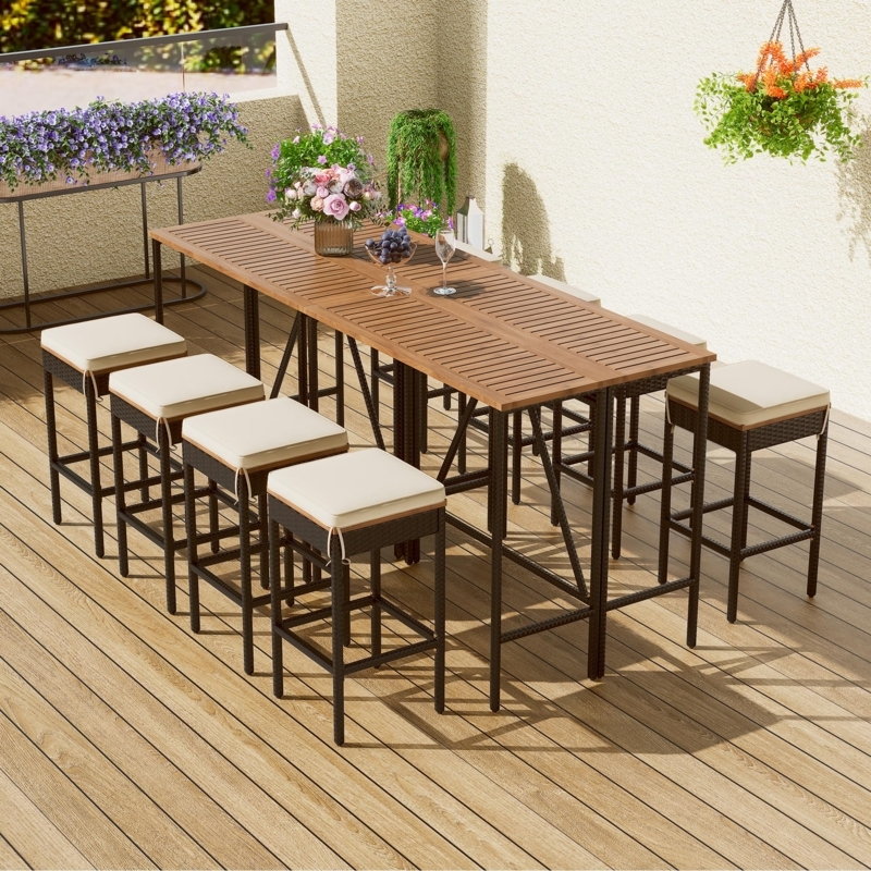 Patio Bar Set with Dark Woven Base Stools, Slatted Wood Top, 8-Seater