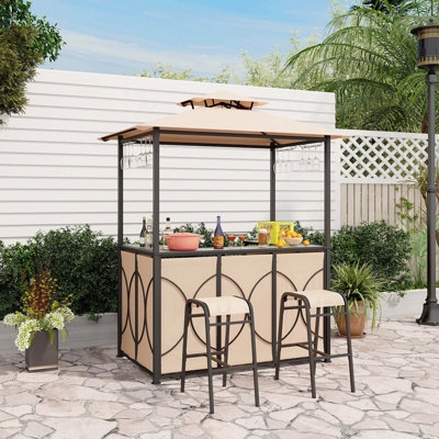 Patio Bar Set with Double Tier Canopy and Geometric Metal Detail