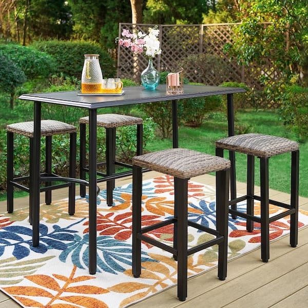 Patio Bar Set with Woven Rattan Seats, Modern Industrial 5-Piece Design