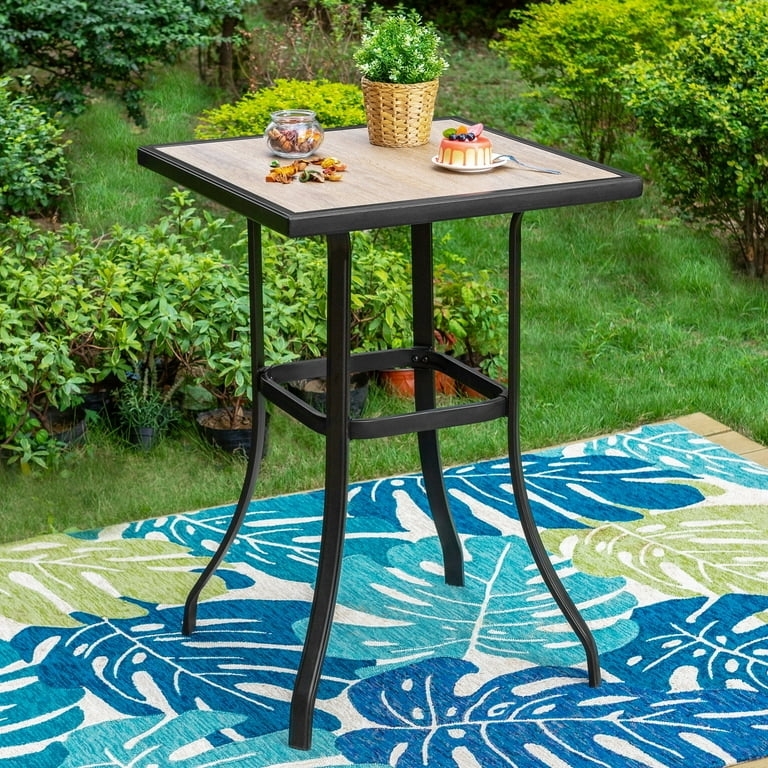 Patio Bar Table with Curved Legs, Wood Look Top and Square Bistro Shape