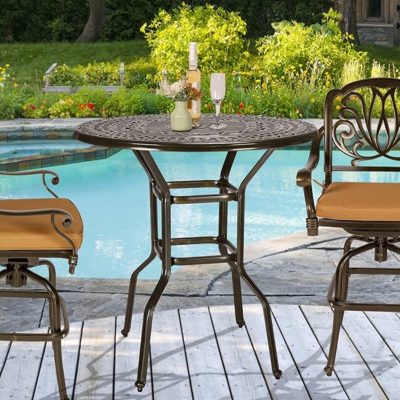 Patio Bar Table with Ornate Lattice Top, Antique Bronze Cast Aluminum