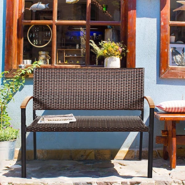 Patio Bench Acacia Armrests Woven Wicker Transitional Style