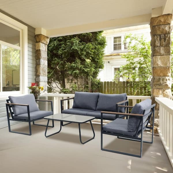 Patio Conversation Set Square Metal Tubing with Wood Armrest Accents
