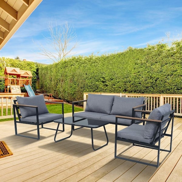 Patio Conversation Set Square Metal Tubing Wood Accent Arms Gray Cushions