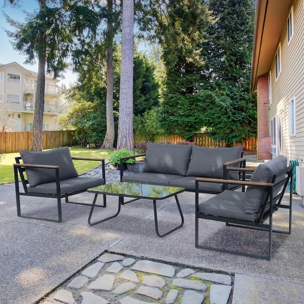 Patio Conversation Set Square Metal Tubing Wood Armrest Inserts Sled Base
