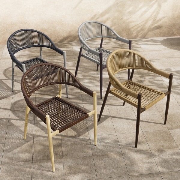 Patio Dining Chair Curved Rope Back Woven Grid Seat Modern Coastal