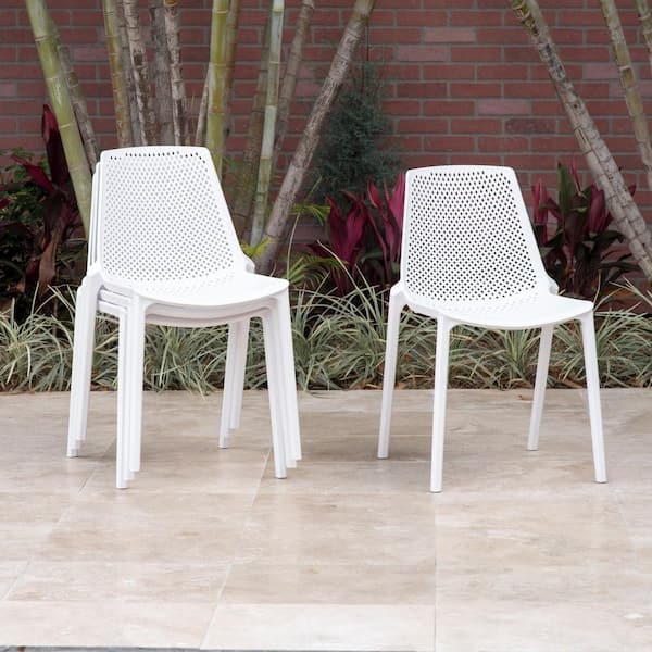 Patio Dining Chair White Perforated Stackable Outdoor Seating