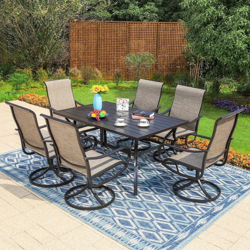 Patio Dining Set 7-Piece Metal Swivel Rocker Chairs Slatted Tabletop