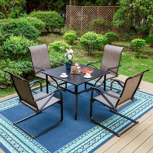 Patio Dining Set Black Metal C-Spring Motion Slat Top Table