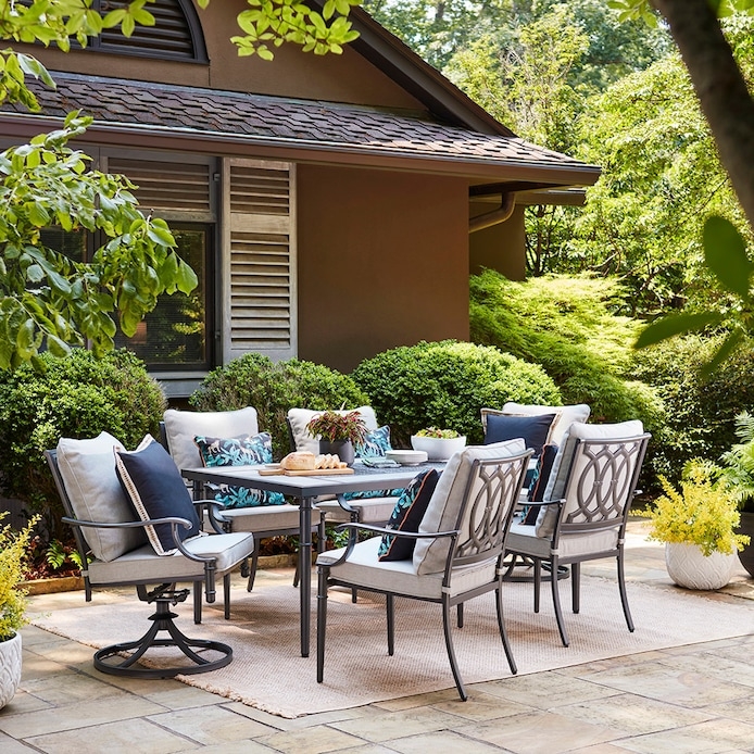 Patio Dining Set Charcoal Metal Scroll Back Detail with Swivel Rocker