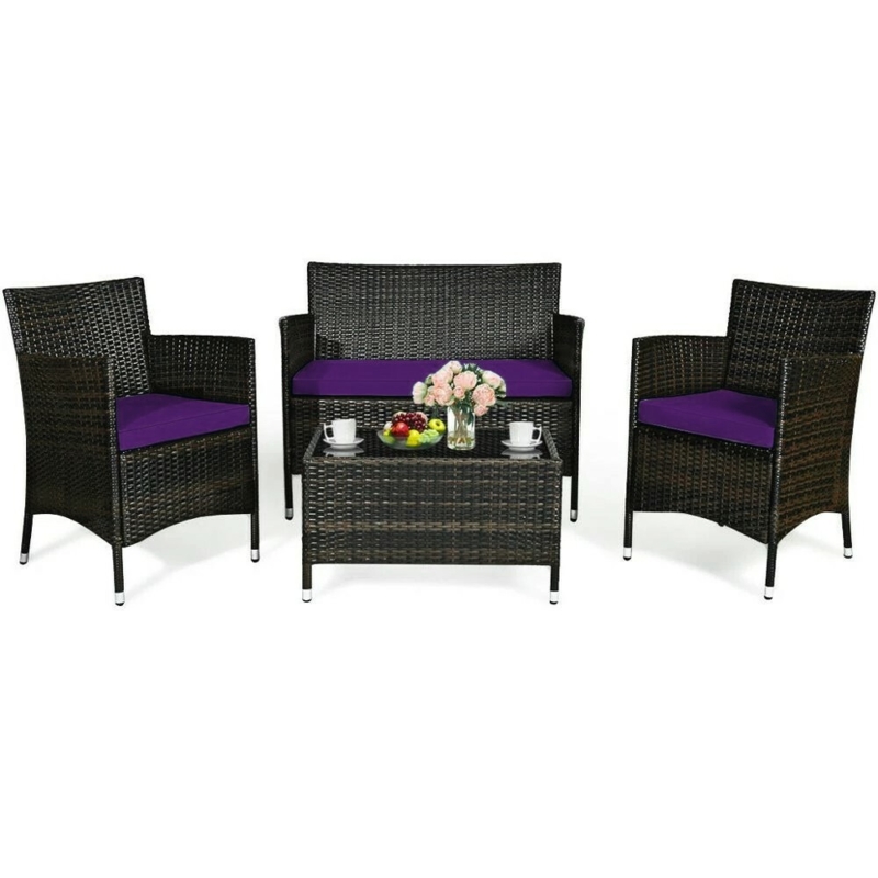 Patio Furniture Set Dark Espresso Rattan Purple Metal Tipped Legs