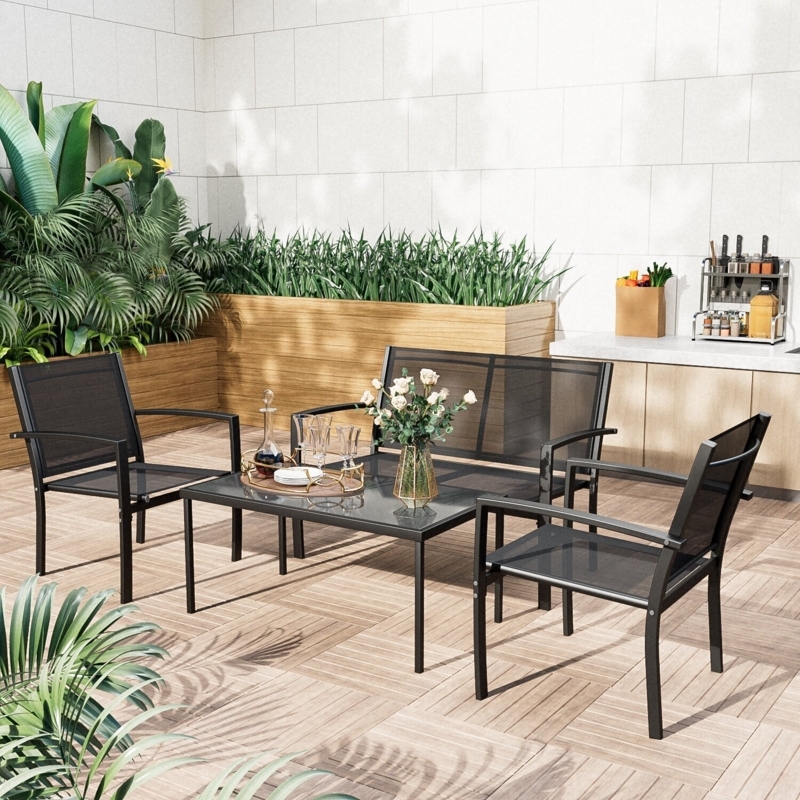 Patio Furniture Set Matte Black Metal Mesh Seating with Glass Top Table