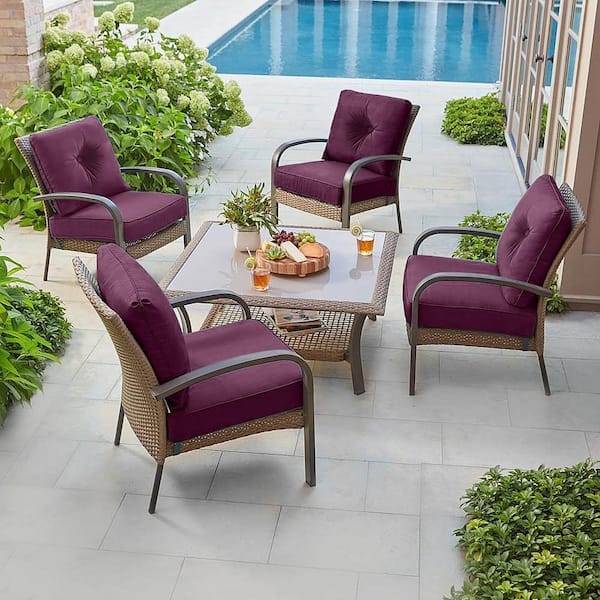 Patio Furniture Set Plum Purple Tufted Wicker Glass Table Storage
