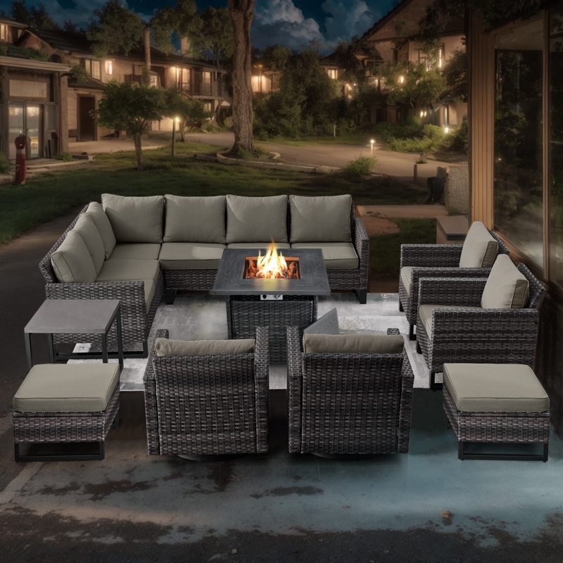 Patio Furniture Set Wicker Fire Pit Table with Swivel Armchairs and Sectional