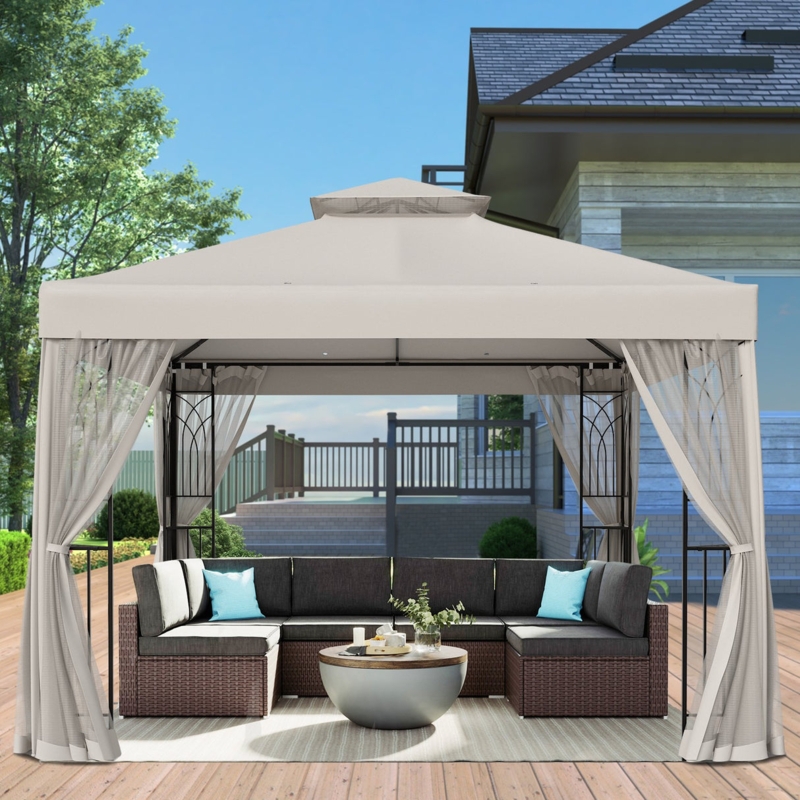 Patio Gazebo Sheer Mesh Walls Two Tier Roof Contemporary