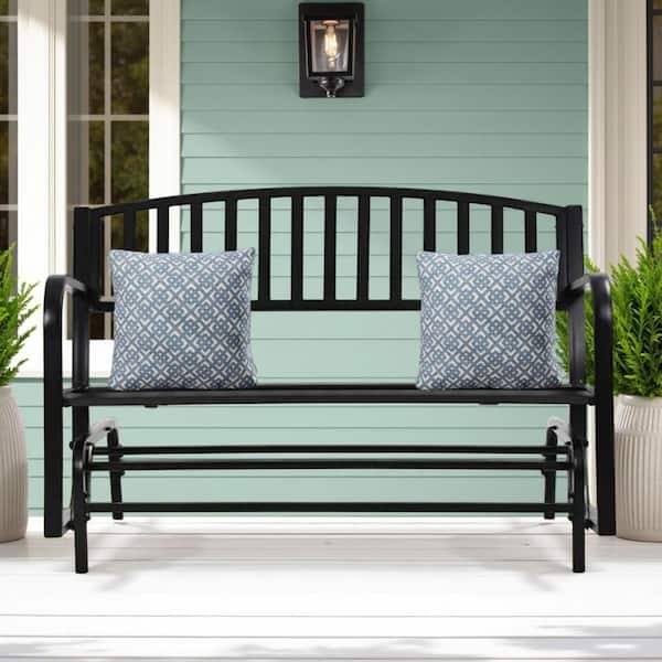 Patio Glider Metal Curved Back Slate Blue Pillows Modern Farmhouse