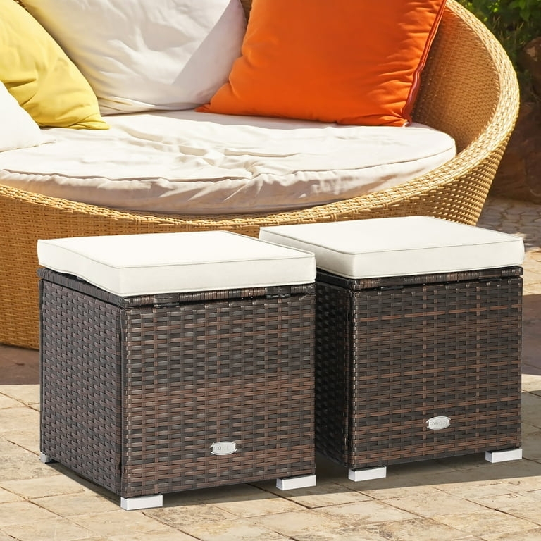 Patio Rattan Storage Ottoman Set Off-White Cushions Feet