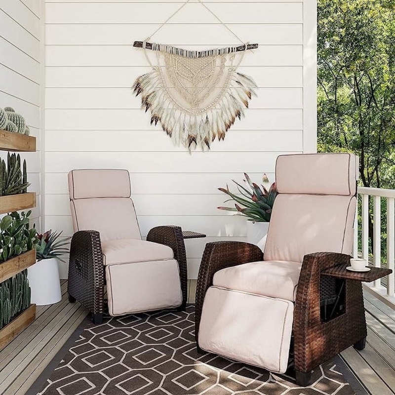 Patio Recliner Set with Flax Cushions, Dark Wicker Weave, Boho Chic Style