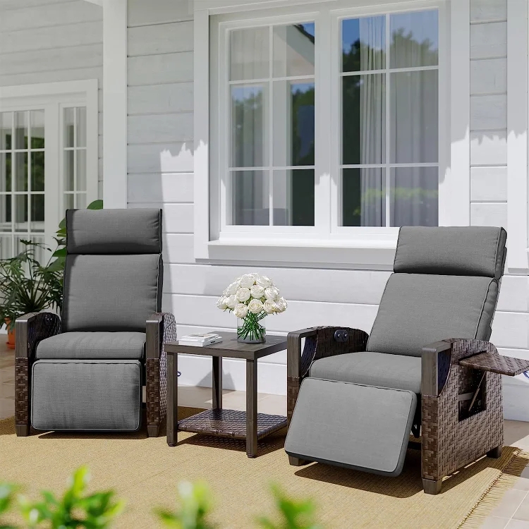 Patio Recliner Set with Side Pullout Tray, Espresso Wicker, Charcoal Gray