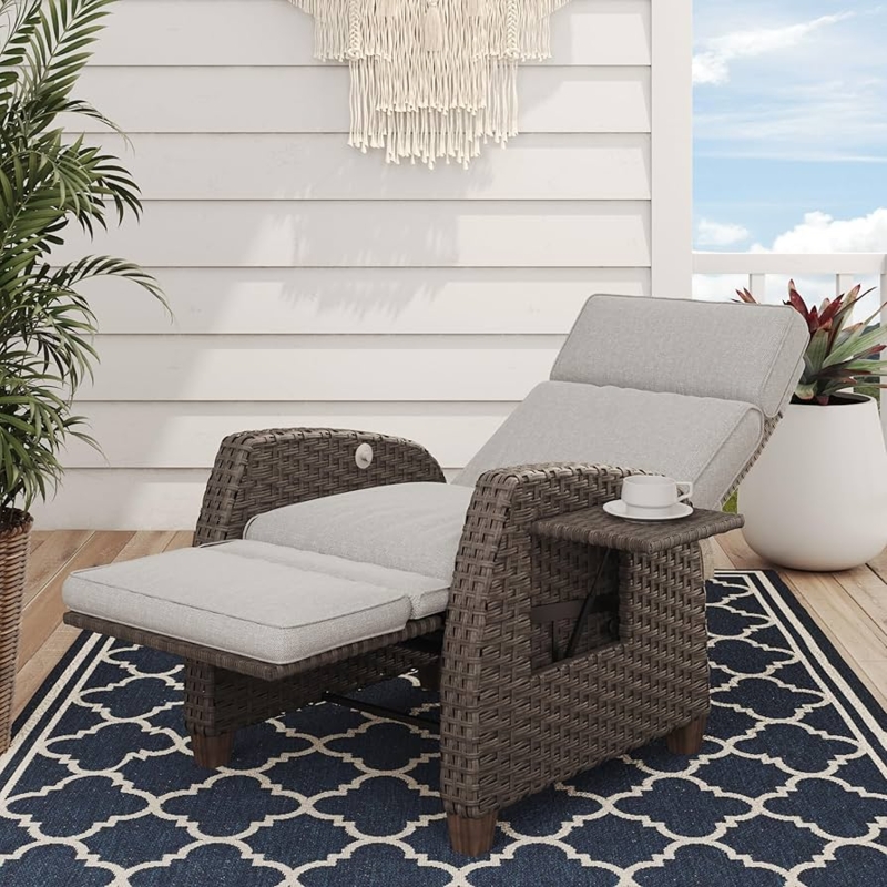 Patio Recliner with Flip Table Mist Grey Wicker, Mist Grey Lounge Chair