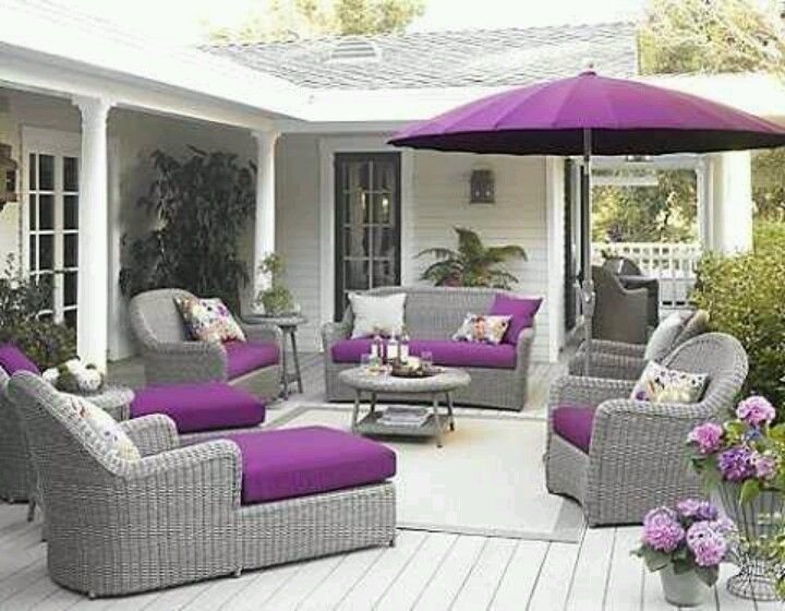 Patio Seating Set Grey Wicker Purple Cushions Chaise Tiered Umbrella
