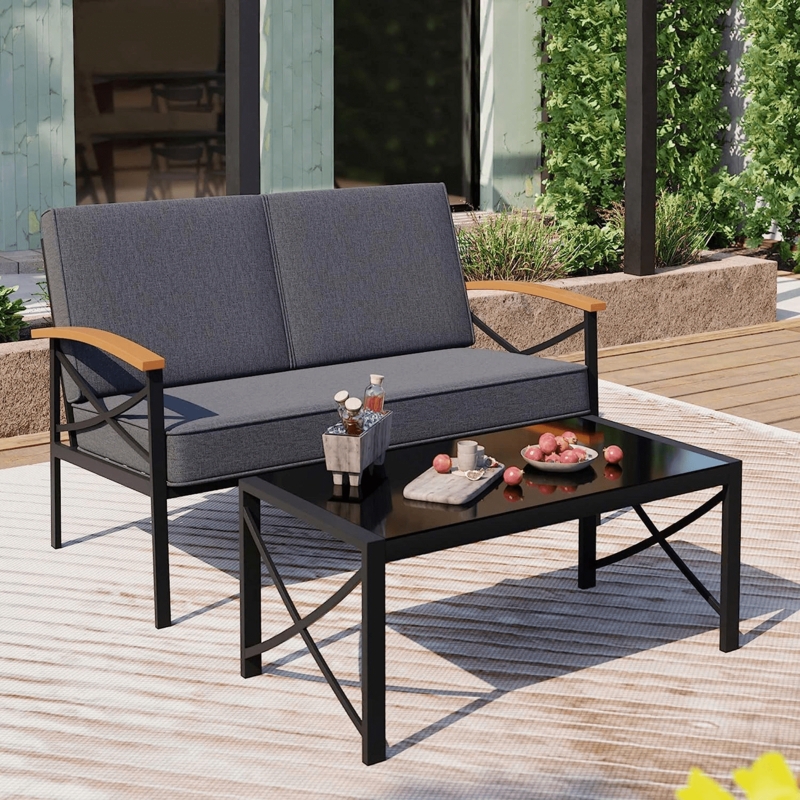 Patio Set Black Metal Loveseat with Wood Armrest Toppers and Glass Top