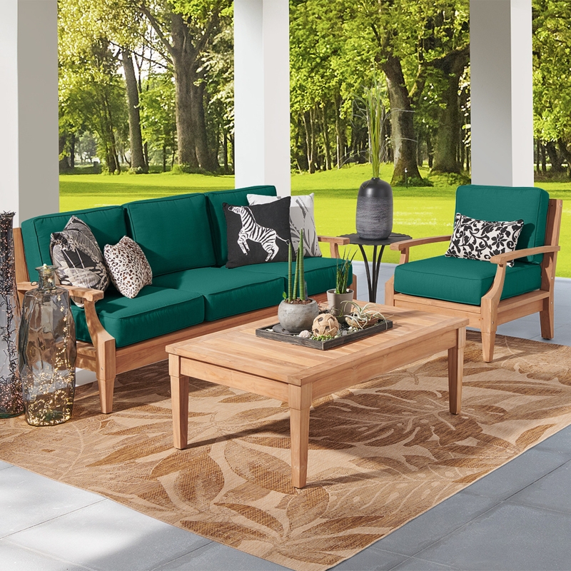 Patio Sofa Set Emerald Green Cushions Tropical Chic Botanical Rug