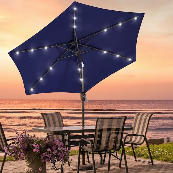 Patio Umbrella LED Rib Lighting Navy Blue Canopy Integrated Crank Lift