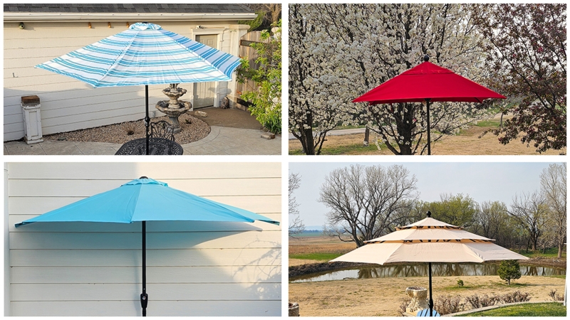 Patio Umbrella Tiered Design Blue White Striped Fabric Coastal Vented