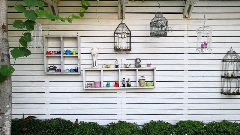 Patio Wall Decor Hanging Birdcages Whitewashed Slats