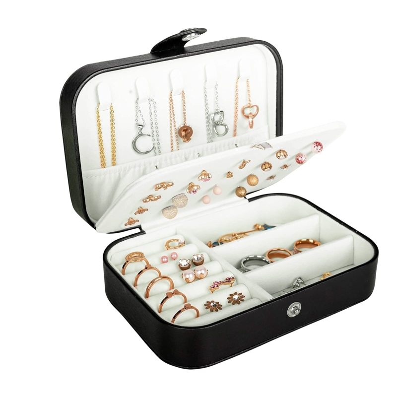 Pebbled Black Jewelry Box, Compact Travel Case with Multi-Tiered Storage