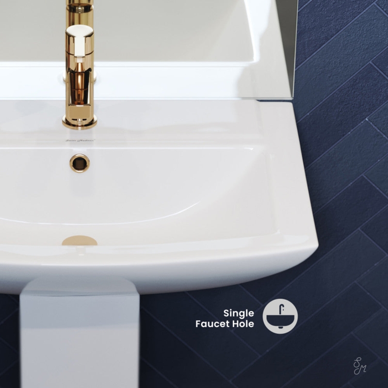 Pedestal Bathroom Sink Glossy White Square Basin Single Hole Gold
