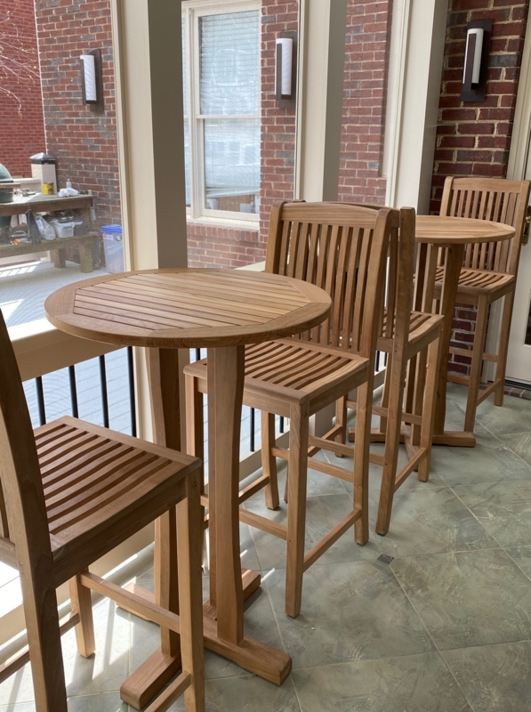 Pedestal Cross Base Bar Set featuring Slatted Wood Construction