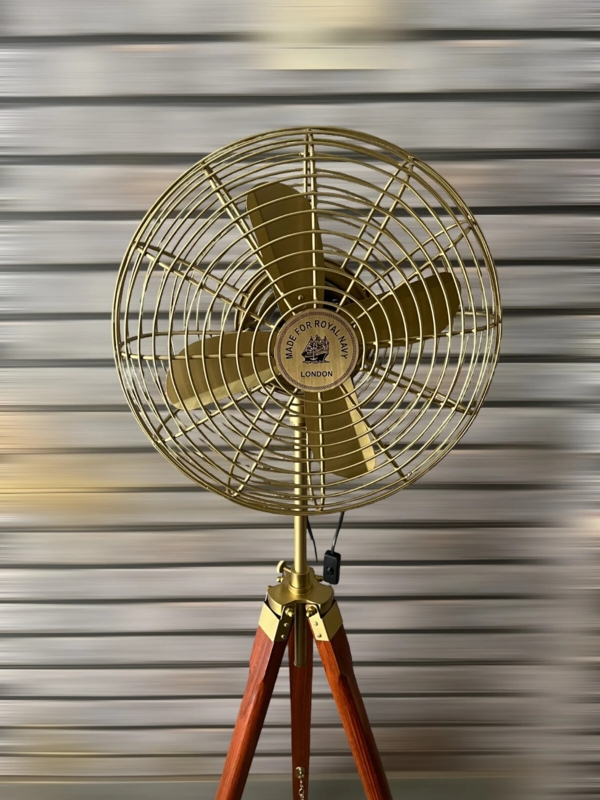 Pedestal Fan featuring Tripod Stand, Brass Fan Head and Nautical Badge