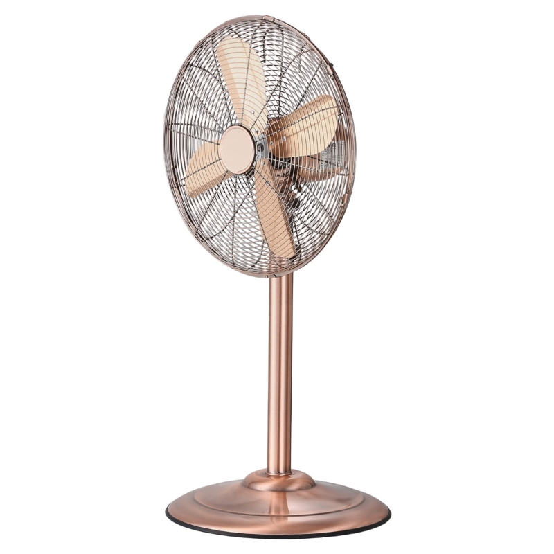 Pedestal Fan, Rose Gold Finish, Wire Cage Guard, Vintage Silhouette