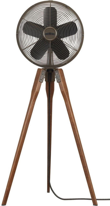 Pedestal Fan, Walnut Brown Tripod Base, Tapered Legs, Mid-Century