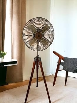 Pedestal Fan with Tripod Base, Antique Brass Cage and Wood Legs