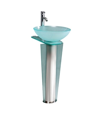 Pedestal Sink Frosted Aqua Glass Vessel Tapered Metal Base Modern