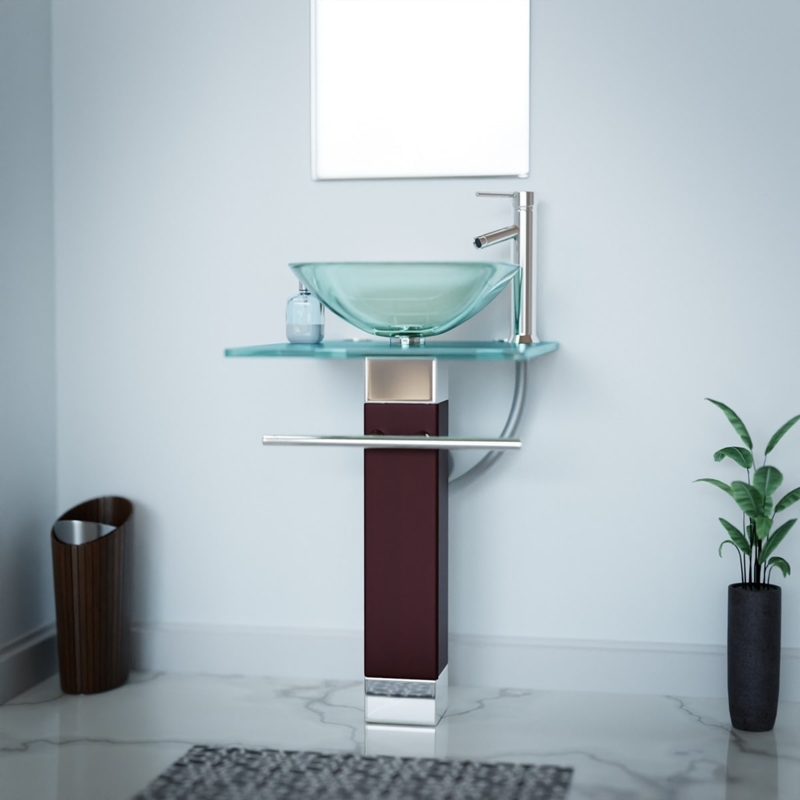 Pedestal Sink Glass Vessel Bowl Burgundy Base Integrated Towel Bar
