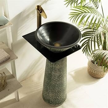 Pedestal Sink Mottled Texture Column Matte Black Basin Shelf