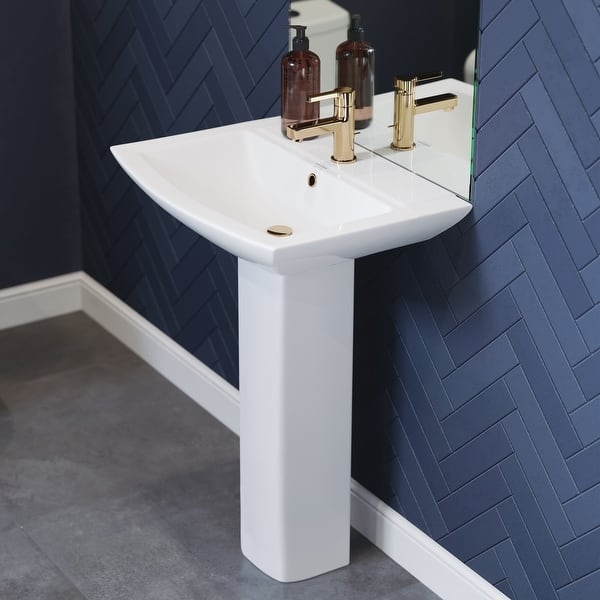 Pedestal Sink Square Base Rectangular Basin Gold Hardware White