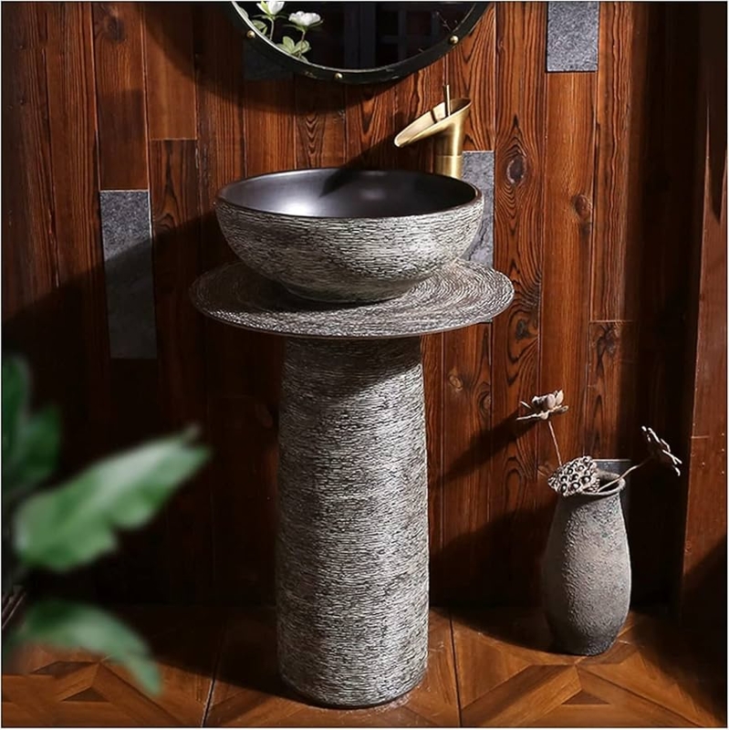 Pedestal Sink Striated Texture Distressed Stone Waterfall Faucet