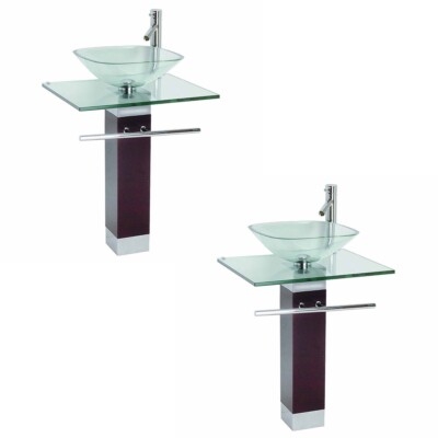 Pedestal Sink Tempered Glass Vessel Dark Espresso Towel Bar Set