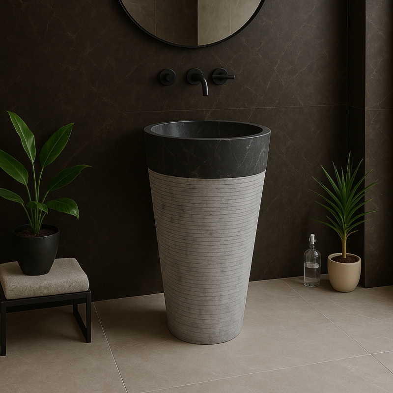 Pedestal Sink Two Tone Stone Tapered Silhouette Ridged Matte Finish